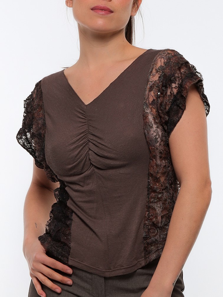 Draped bodice in lace and jersey of cotton and brown linen 